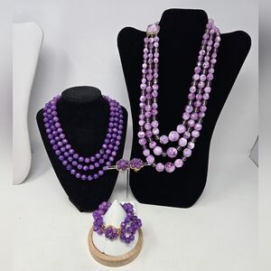 VINTAGE PURPLE FASHION JEWELRY BUNDLE STAR 3 STRAND NECKLACE FULL PARURE WOMEN